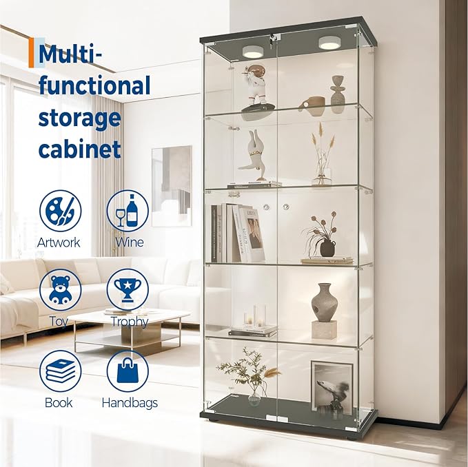GarveeHome 5 Shelves Display Cabinet, Tempered Glass Curio Showcase with LED Light & Lock, Double Doors Storage Cabinet for Living Room Bedroom Office, Black