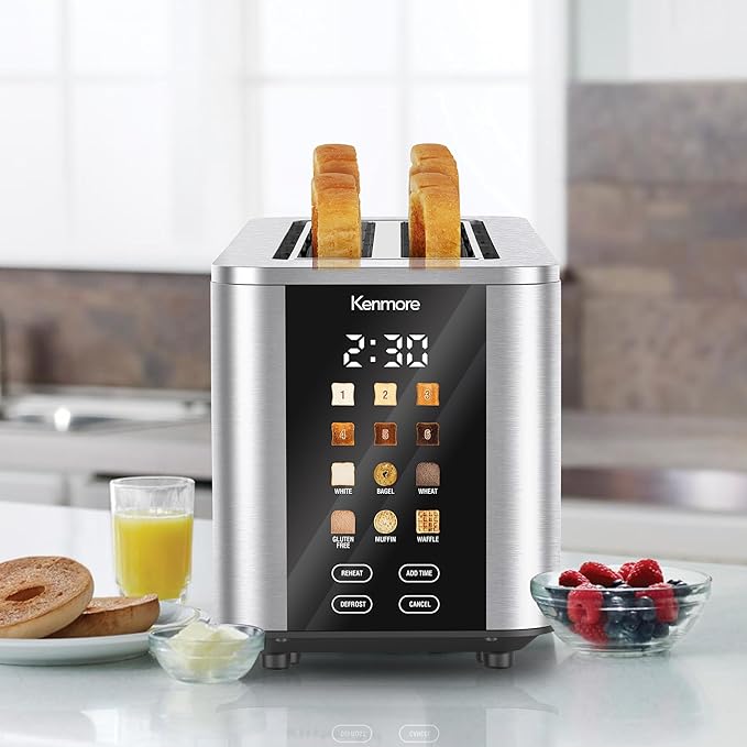 Kenmore 4-Slice Digital Touchscreen Toaster - 900W Stainless Steel, Wide Slots 6 Shade Settings, Bread Presets, Countdown Timer, Reheat & Defrost Functions Compact Countertop Design tostadora digital
