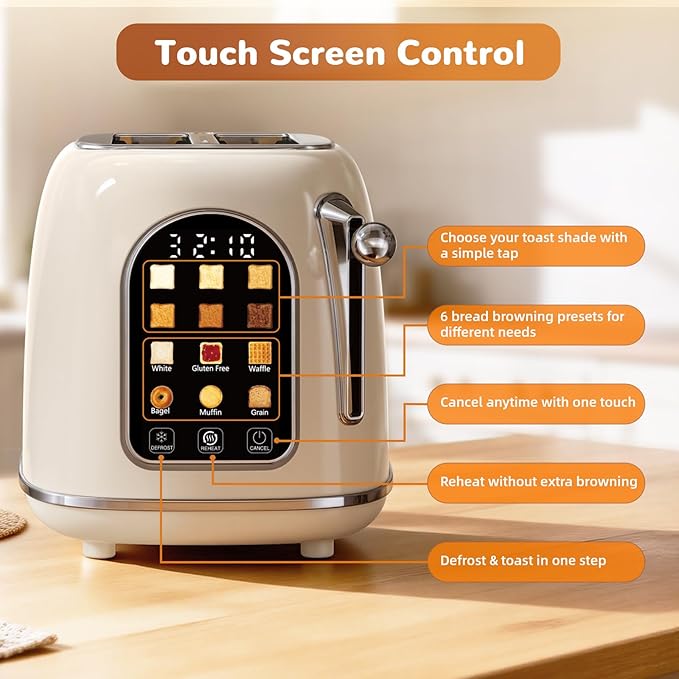 Mecity Toaster 2 Slice, Touch Screen Wide Slot Retro Toaster For Breads Bagel Muffin Waffle, House Warming Gift New Home, 120V 825W, Cream Color