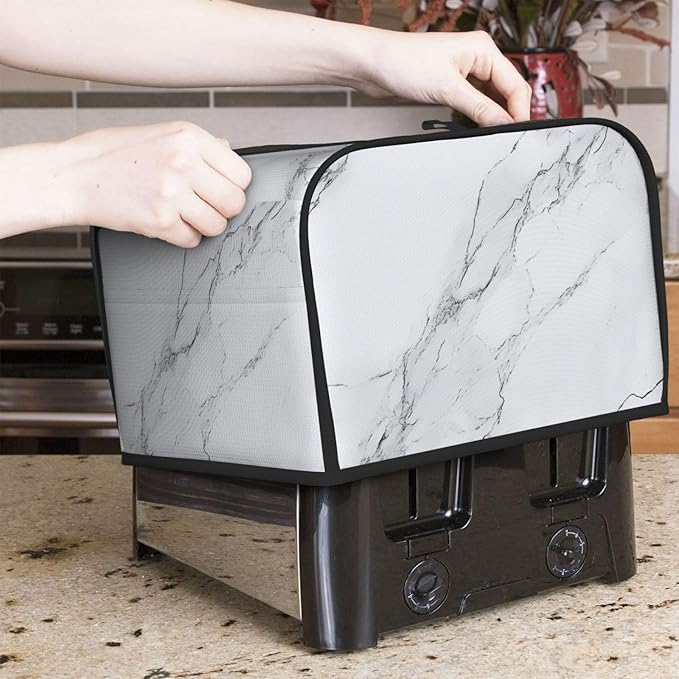 4 Slice Toaster Cover for Kitchen Marble White Gray Waterproof and Dustproof Oxford Fabric Toaster Dust Cover with Side Pockets Decorative Universal Cover for Wide Slot Toasters and Small Appliances