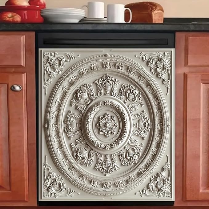 2D Flat White Ornamental Floral Round Pattern Dishwasher Magnetic Cover 23x26 InchClassic Relief Design Universal Appliance Magnet for Kitchen Decor