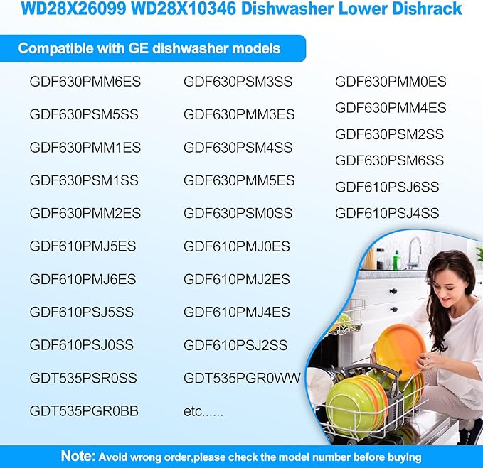 UPGRADED WD28X26099 WD28X34744 Dishwasher Lower Rack Compatible with GE Dishwasher Rack Replacement Parts WD28X24396 WD28X22659 WD28X28918 GDF510PSM0SS GDF510PSD1SS GE Dishwasher Rack Parts with Wheel