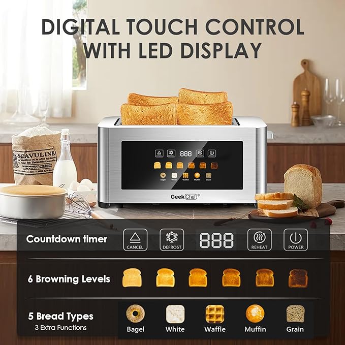 Geek Chef Toaster 4 Slice, Long Slots 1.5" Extra Wide Slots for Bagels & Waffles, TouchScreen, 6 Browning Levels, Timer, Defrost, Cancel Function, Auto Shut-Off, Removable Crumb Tray, Stainless Steel
