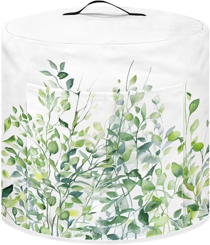 Insulated Pressure Cooker Appliance Cover for Rice Cooker, Air Fryer and Crock Pot, 3 Quart Dust Cover with Pocket for Spoon/Cooking Utensils/Recipes, Indoor Decor, Green Leaf White