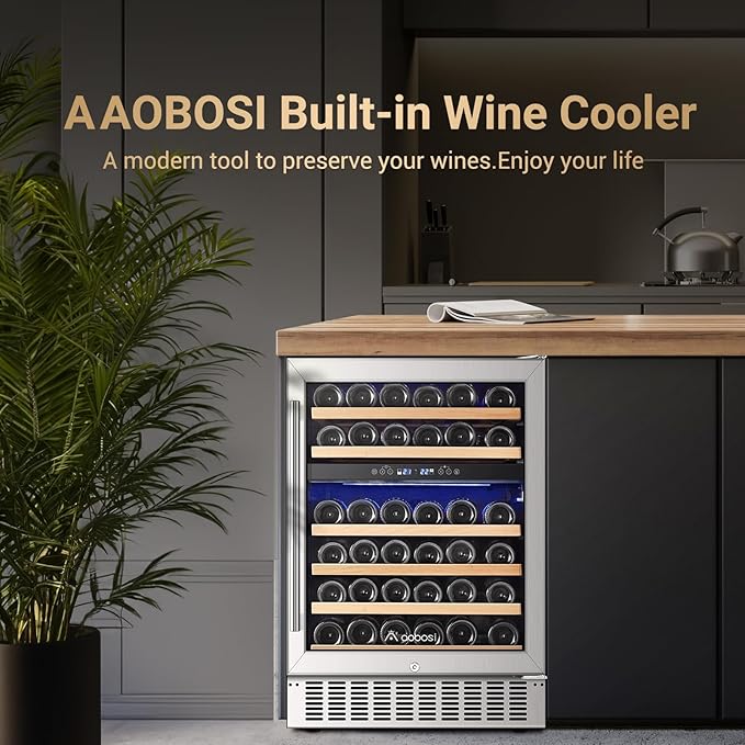 AAOBOSI 24 Inch Wine Cooler,46 Bottle -Dual Zone Built-in or Freestanding with Blue LED Light and Adjustable Shelves for Home,Kitchen or Office.