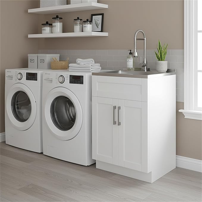 SIMPLIHOME Hennessy All-in-One 24 inch Wide Utility Sink and Laundry Cabinet in Glacier White Finish, Transitional Stainless Steel Sink Cabinet for Laundry Rooms with High-Arch Chrome Faucet