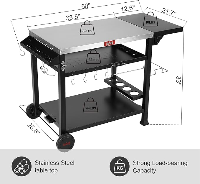 Outdoor Grill Table Cart, Pizza Oven Stand for Outdoor Indoor, 50" x 22" Stainless Steel Tabletop Dining BBQ Grill with Wheels for Food Prep, 3-Shelf Kitchen Cart with Cover