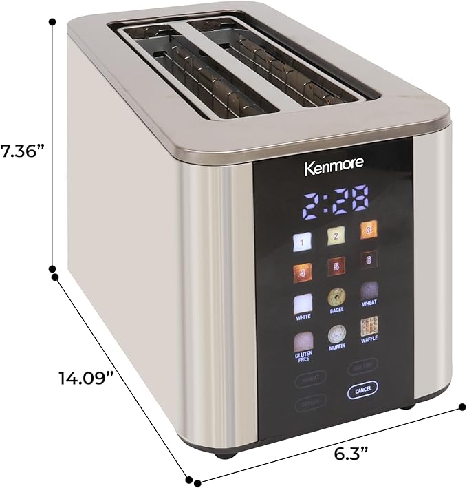Kenmore 4-Slice Digital Touchscreen Toaster - 900W Stainless Steel, Wide Slots 6 Shade Settings, Bread Presets, Countdown Timer, Reheat & Defrost Functions Compact Countertop Design tostadora digital