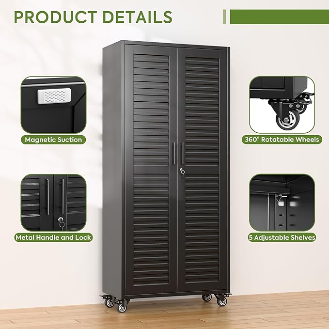 SUXXAN Garage Storage Cabinet with Wheels Pegboard and 5 Adjustable Shelves, 71"x 31.5"x15.8" Metal Lockable Cabinet with Louvered Doors, Tool Storage, Home Office Garage, Gym, School (Black)