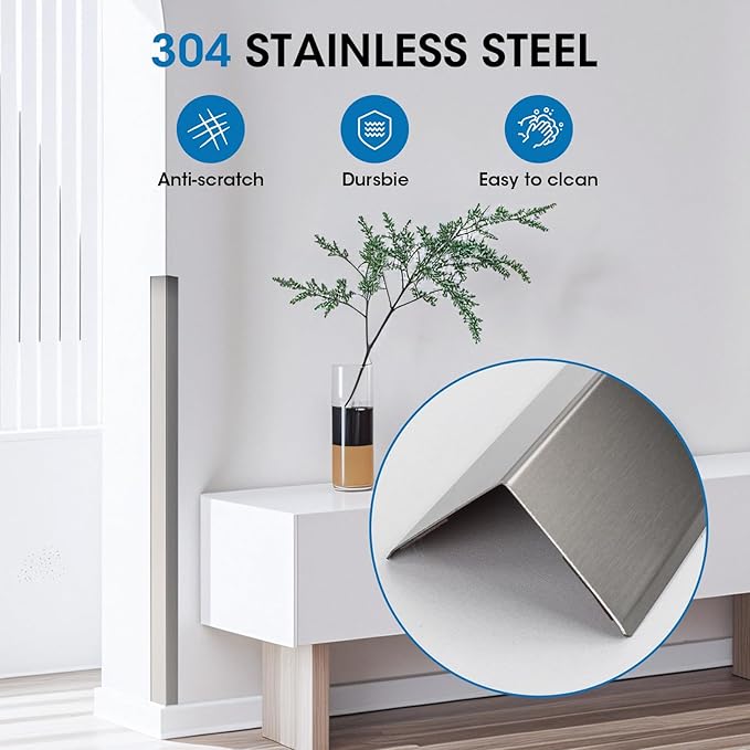Stainless Steel Wall Corner Guards, 1 x 1 x 48 inches (10 Pcs Pack). Made of 304 Steel, These 90-Degree Angle Metal Corner Protectors are Designed for Wall Protection and Decoration