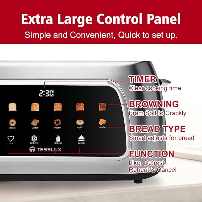 4 Slice Toaster with Touch Screen Control, 1.5" Wide Long Slots, 6 Browning Levels & 6 Bread Types, Digital Timer, Memory, Defrost, Reheat (SILVERY)