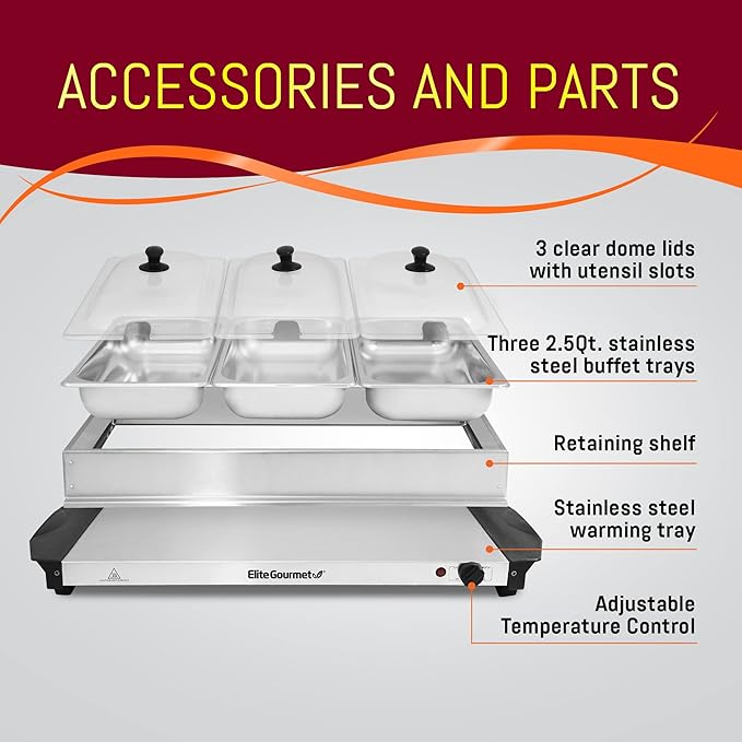 Elite Gourmet EWM-6171# Triple 3 x 2.5 Qt. Trays, Buffet Server, Food Warmer Temperature Control, Clear Slotted Lids, Perfect for Parties, Entertaining & Holidays, 7.5 Qt Total, Stainless Steel