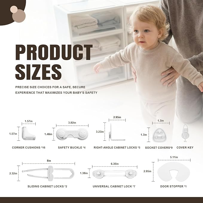 Baby Proofing Kit, 45 Pack Child Safety Pack – Cabinet & Drawer Locks, Corner Guards, Outlet Covers, Universal Safety Straps, Sliding Cabinet Locks, Door Stopper，Keep Your Child Safe at Home