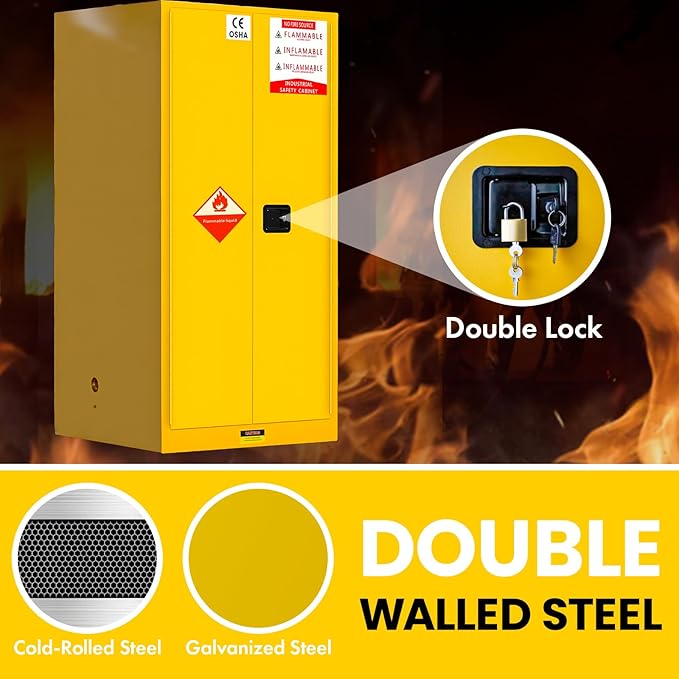 EQUCKKY Flammable Storage Cabinet 34"x34"x65", 90 Gallon Chemical Safety Cabinet with Adjustable Shelf, Thickened Galvanized Steel Fireproof Cabinet for Flammable Liquids, Industrial & Commercial Use