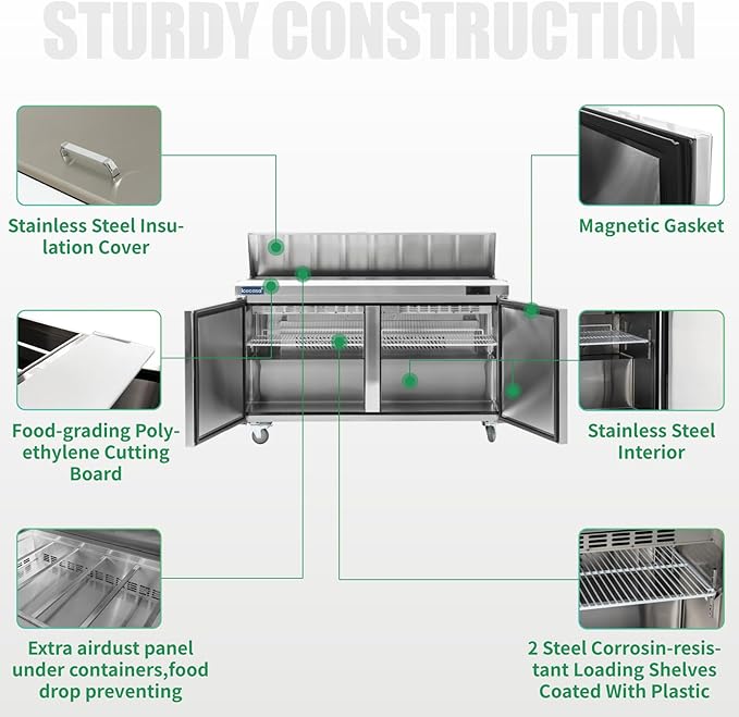 ICECASA 60" W Commercial Refrigerator Sandwich&Salad Prep Table single Door Stainless Steel Counter Fan Cooling Refrigerator with 16 pans-60 Inches for Restaurant, Bar, Shop, etc