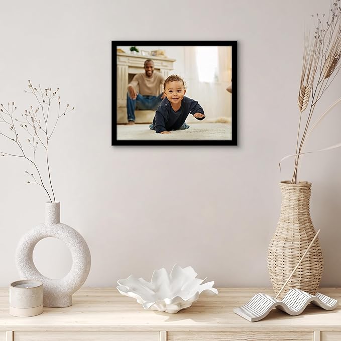 Americanflat 9x11 Picture Frame with Shatter-Resistant Glass - Streamline Collection - Thin Border Photo Frame for Tabletop and Wall Display - Hanging Hardware and Easel Stand Included - Black