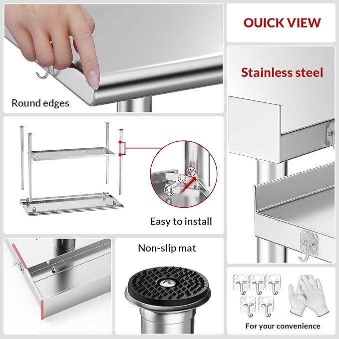All-Stainless Steel Prep Table, 24 X 48 Inches, with Rounded-Corner Backsplash, Wheels and Adjustable Undershelf, Heavy-Duty for BBQ,Restaurants,Hotels,Workshops,Kitchens