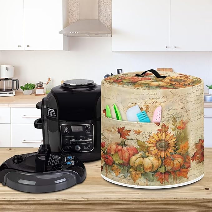 Thanksgiving Day Decor Waterproof Dust Protecitve Pressure Cooker Cover for 3 Quart, Kitchen Appliance Air Fryer Rice Cooker Cover Fall Maple Leaf Pumpkin Print