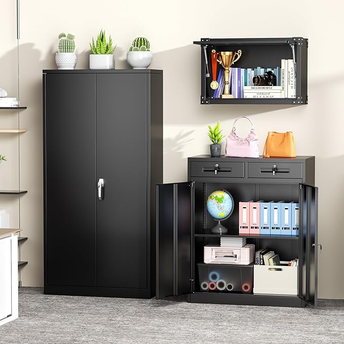 Greenvelly Metal Storage Cabinet with Drawers, 36' Black Steel Garage & Office Storage with Doors and Adjustable Shelves, Locking Metal Tool Cabinet