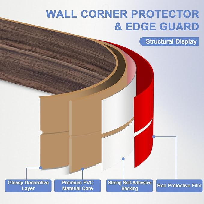 Wall Corner Protector Moulding Trim Peel and Stick Wall Corner Guards Trim Flexible Self Adhesive Edge Protector Moulding, 1.6 in x 20 Ft, Smoked Brown Wood