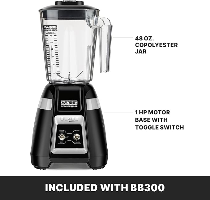 Waring Commercial BB300 Blade 1 HP Blender Toggle Switch Controls with Pulse feature with 48 oz BPA Free Copolyester Stacking Container, 120V, 5-15 Phase Plug ,Black