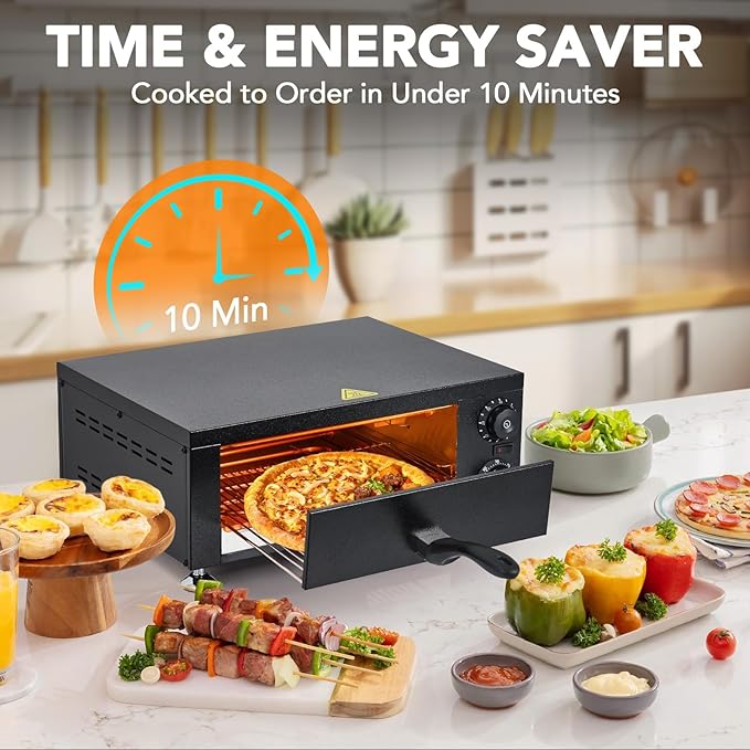 Professional 12 Inch Countertop Pizza Oven Electric 1100W, with 60-Minute Timer, Stainless Steel Pizza Maker for Fast Baking, Perfect for Home Party, Outdoor BBQ, Commercial Food Service Catering