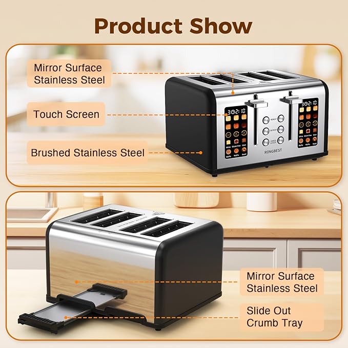 4 Slice Touch Screen Toaster, Easy-to-Use Digital Stainless Steel Toaster with Wide Slots, Reheat Defrost Cancel, Removable Crumb Tray, Matte Black