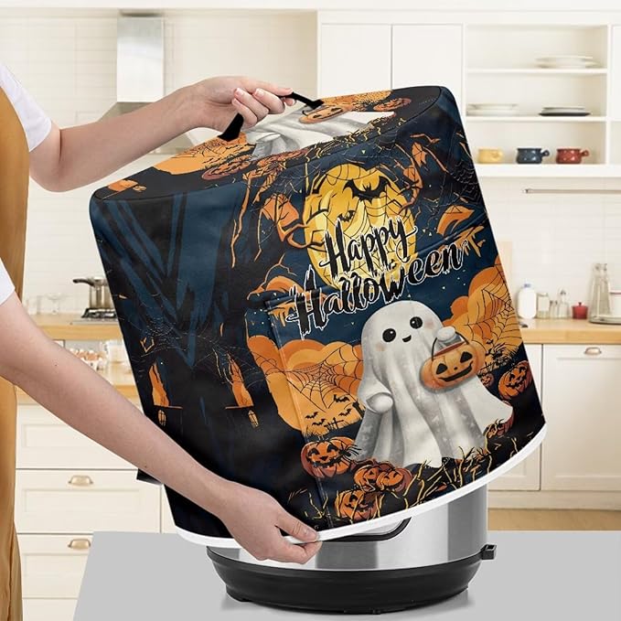 Dust Cover for Kitchen Appliance for 3 Quart Pressure Cooker Air Fryer Rice Cooker Dust Cover with Top Handle and Pocket Happy Halloween Ghost Print
