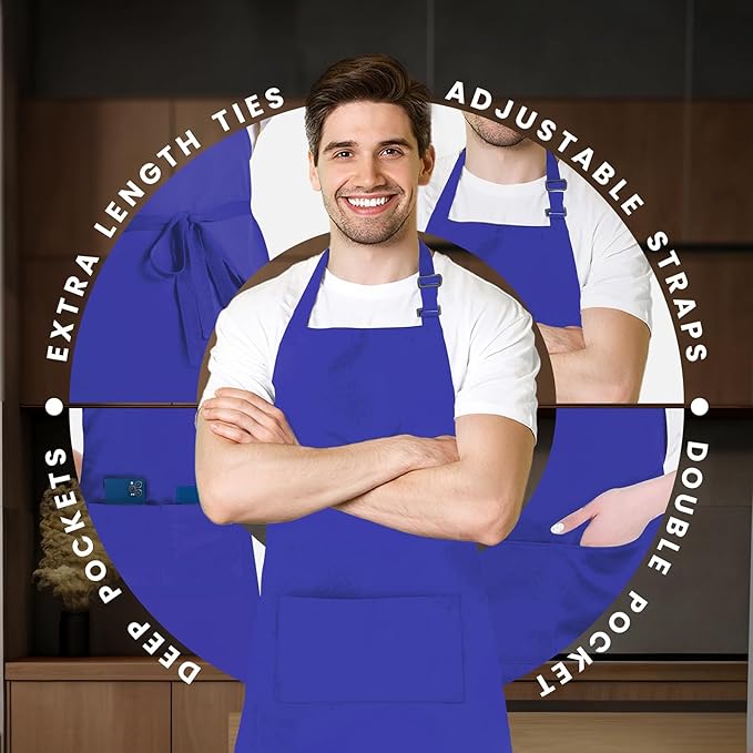 Adjustable Bib Apron 100% Polyester Kitchen Aprons Waterdrop Resistant Aprons with Adjustable Strap, Pockets & Long Ties