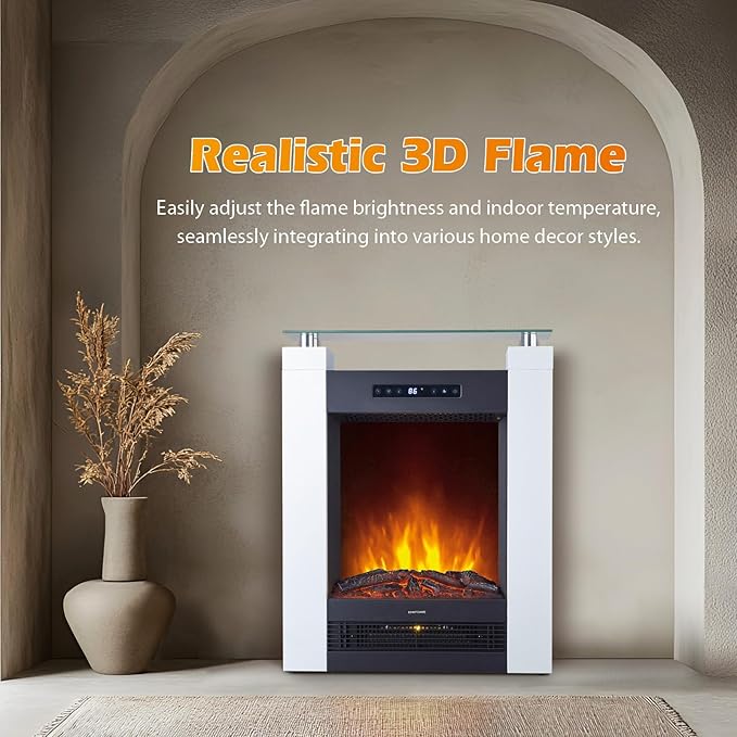 Wide Freestanding Electric Fireplace with Remote & Touch Control, 1500W Heater with Adjustable Timer & Thermostat, Realistic 3D Flame, 8-Hour Timer, Overheat Protection for Bedroom Living Room