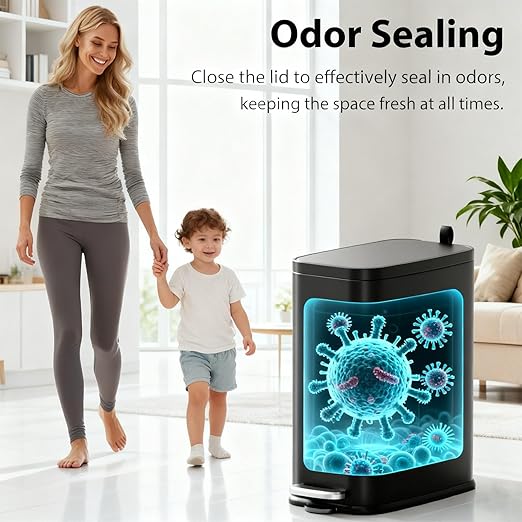 1.6 Gallon Bathroom Trash Can with Lid Step Pedal, Soft Close, Small Black Stainless Steel Garbage Can with Removable Inner Bucket, Slim Fit for Narrow Spaces Bedroom Office
