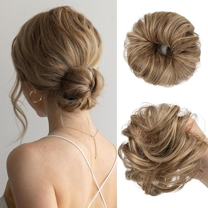 CJL HAIR 2PCs Small Cute Messy Bun Hair Piece for Thin Hair Women Mini Synthetic Curly Bun Scrunchies Updo Hairpieces Bernstein Multi
