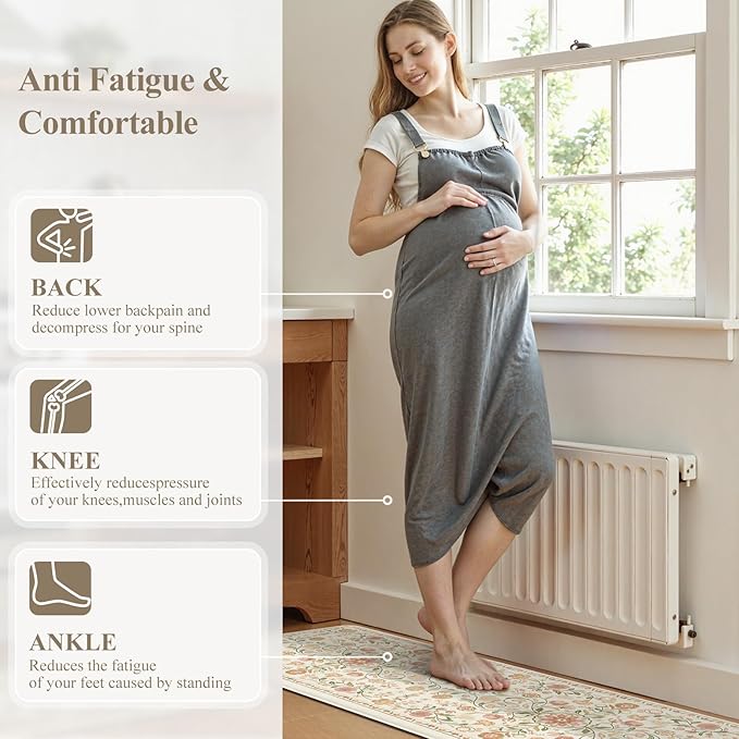 KIMODE Cushioned Kitchen Floor Mats Cushioned Anti Fatigue,Farmhouse Boho Floral Kitchen Runner Rug 2 Piece,Long Memory Foam Standing Carpet for Laundry Sink Office,Beige