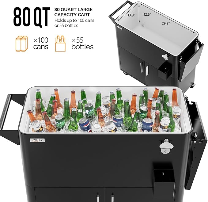 VINGLI Patio Cooler, Ice Chest with Storage Cabinet, Bottle Opener Drainage, Outdoor Cooler for Party, Deck, Pool