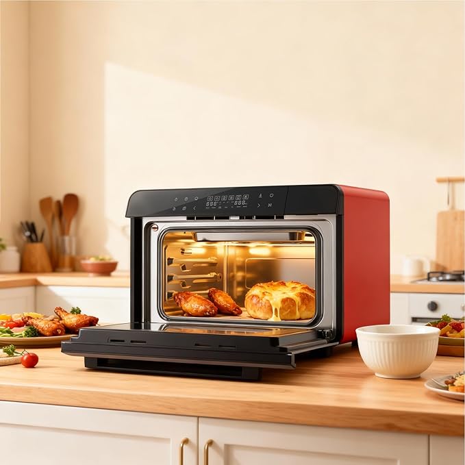 ROBAM Countertop Combi Steam Oven, 20-in-1 Multifunction Air Fryer, Convection Steam Roast & Bake, Multi-Stage Cooking, Self-Clean, Heat-Resistant, 7 Modes, 30 Built-In Recipes CT763 (Red)