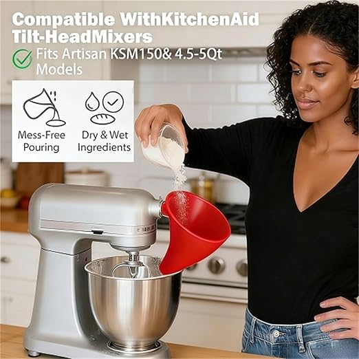 Flour Funnel for Kitchen Aid Mixer, Stand Mixer Attachment, Easy Pour No-Mess Attachment, Anti-Splash Accessory, Durable Dishwasher-Safe Baking Tool (Green)