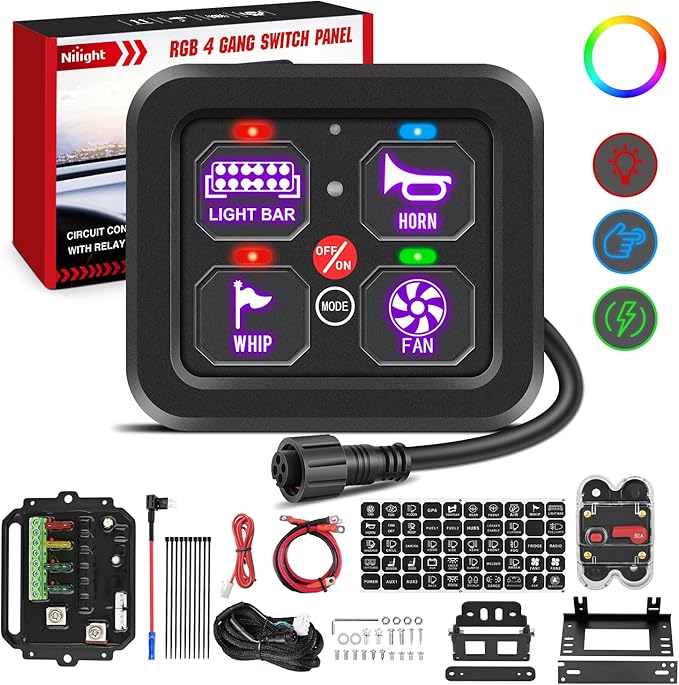 Nilight 4 Gang Switch Panel 12V 24V Universal Circuit Control Relay System with RGB Backlight Fuse Wiring Harness Automatic Dimmable ON Off LED Pod for Car Pickup Truck Camper SUV