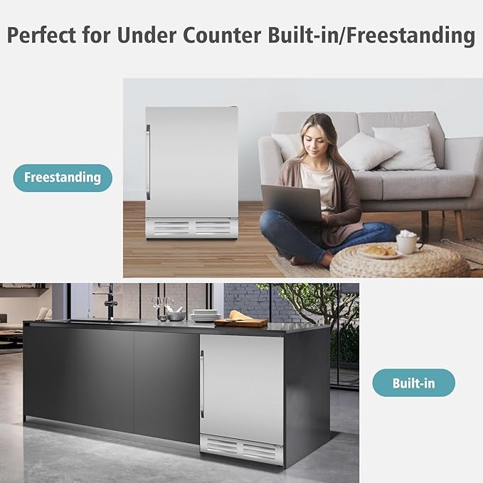 24 Inch Outdoor Beverage Refrigerator Cooler,Stainless Steel Wide Refrigerator for 210 Cans,Fit Perfectly for 24" Space Built-in Counter or Freestanding with powerful and quiet cooling system