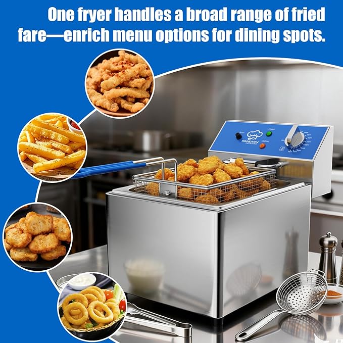 8L Professional Electric Fryer, 1800 W Commercial Electric Fryer Made of Stainless Steel with Basket, Temperature Control 80-200 °C, Fast Heating for Restaurant and Home