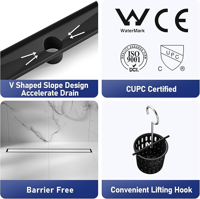 Linear Shower Drain 30", Matte Black Floor Drain with Tiled Insert Grate & Hair Strainer, 304 Stainless Steel Bathroom 2-in-1 Tiled in Drain, CUPC Certified (Matte Black, 30'')