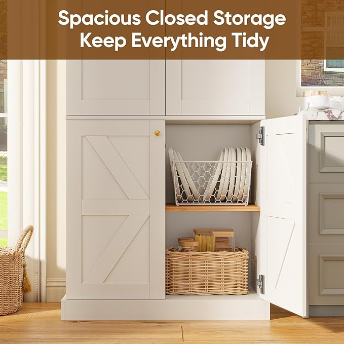 70.8" Tall Farmhouse Kitchen Pantry Cabinet with Doors, Modular Storage Cabinet with 4-Tier Adjustable Shelves, White, Wooden Hutch for Living Room, Kitchen