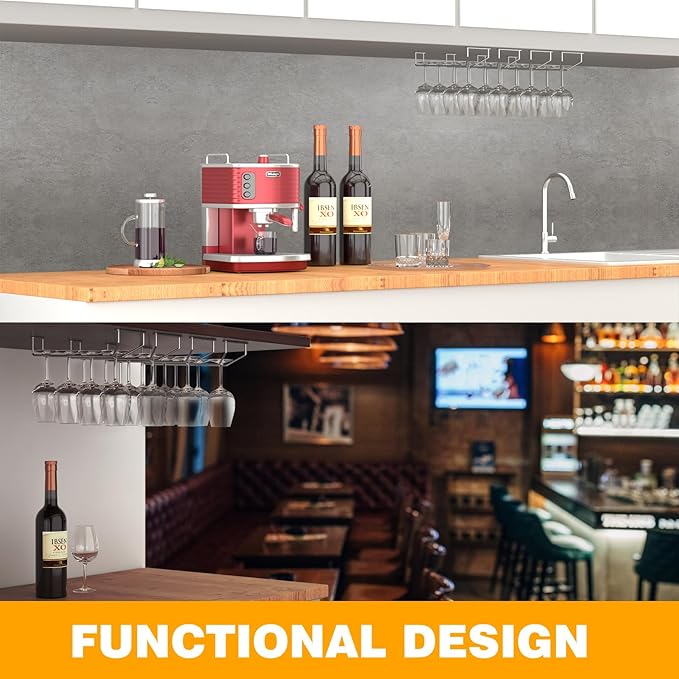 14-Inch Under Cabinet Wine Glass Holder - Metal Stemware Storage Hanger, Single Rail Hanging Rack for Kitchen Bar - Set of 2