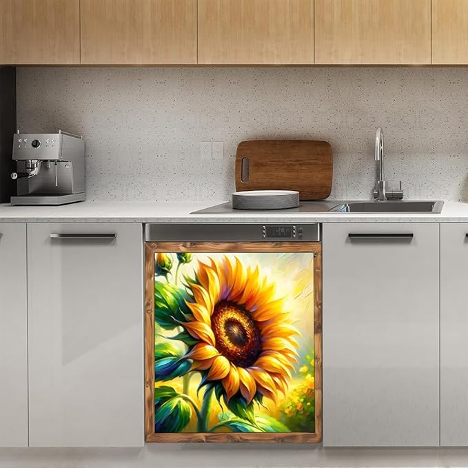 Painting Sunflowers Flower Dishwasher Magnet Cover Front Dishwasher Cover Decor Reusable Magnetic Door Cover Panel Decal Home Appliances Stickers Kitchen Refrigerator Fridge 23"x26"