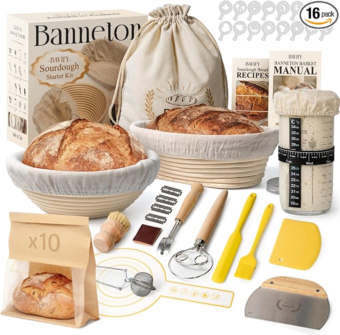 Sourdough Starter Kit, 9" Round & 10" Oval Banneton Bread Proofing Baskets Set with Jar, Sourdough Bread Baking Supplies Bread Making Tools, Sourdough Kit Gifts for Bakers Women