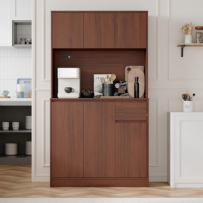 71" Tall Brown Kitchen Pantry Cabinet with 6 Doors & Power Outlet, Freestanding Storage Hutch with Countertop, Adjustable Shelves for Dining Room, Laundry Room