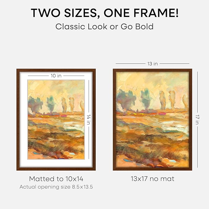 Homeforia 13x17 Picture Frame Brown, High End Dark Oak 13x17 Poster Wood Frame with Mat 10x14 for Photo, 13 x 17 Wooden Walnut Frame Matted to 10 x 14, 17x13 Frames, Tempered Glass, Wall Kit, Set of 3