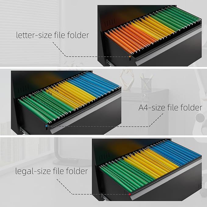 Lateral 4 Drawer File Cabient with Lock, Metal Filing Cabinets for Home Office, Heavty Duty Office Storage Cabinet for A4/Letter/Legal (Matte Black)