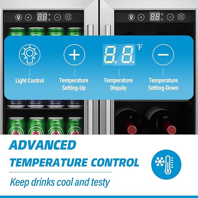 Stopasd Beverage Refrigerator Cooler, 5.4 Cu.Ft/176 Can Drink Fridge with Dual Zone Beverage Cooler Under Counter with Glass Door&LED Light, Quiet Undercounter Small Fridge for Home/Office/Bar, Silver