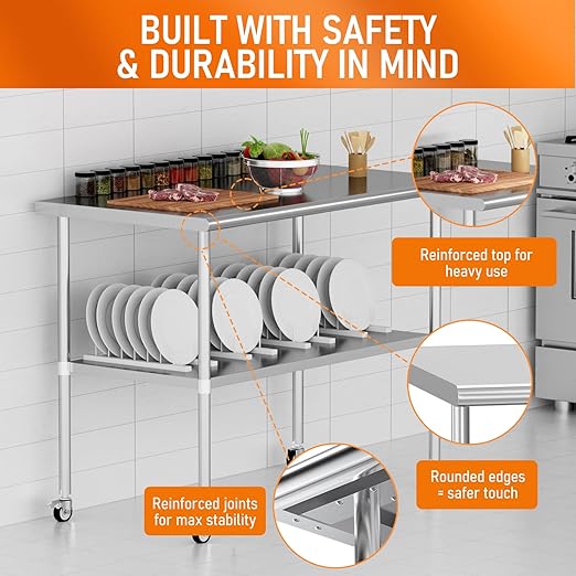 Stainless Steel Table with Wheels 24" x 60" Utility Worktable with Adjustable Undershelf for Commercial Kitchen, Garage, Restaurant