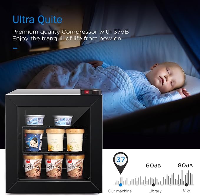 ADT Mini with Display Glass Door 1.1 Cu Ft Small Freezer with 2 Removable Shelves 7 Temperature Settings -8°F to 14°F Perfect for Liquor and Ice Cream